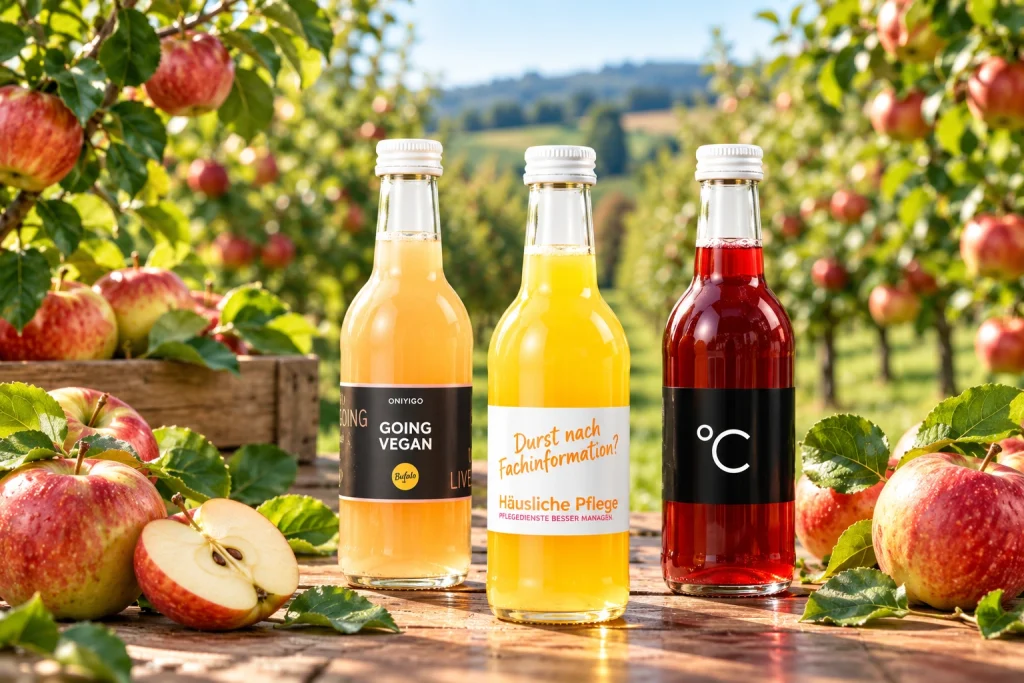 Three juice bottles with custom labels in an apple orchard