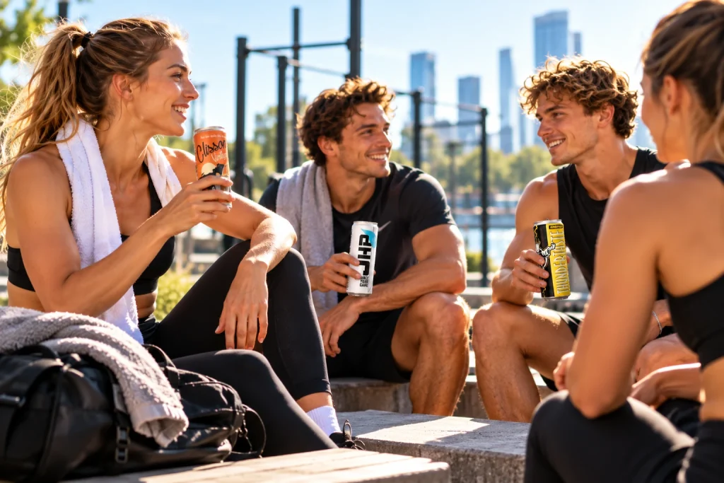 Friends relaxing by the water with custom-labelled drink cans