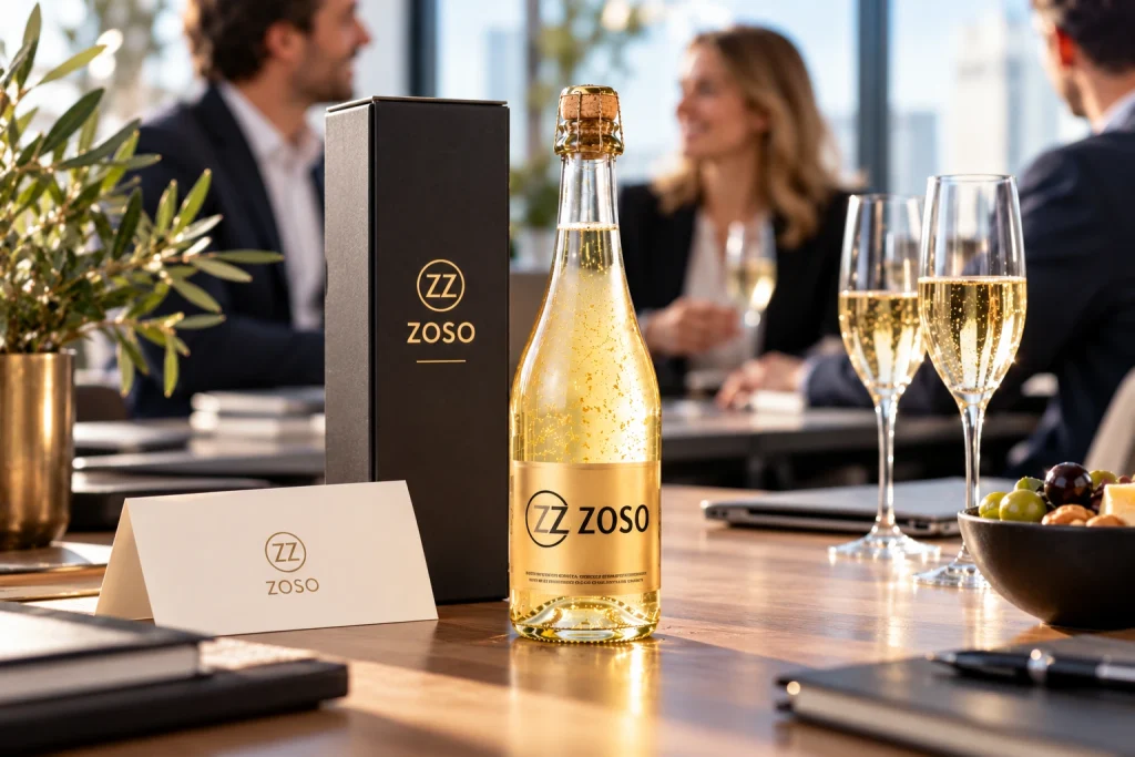 Custom-labelled wine bottle with gift packaging at a business gathering