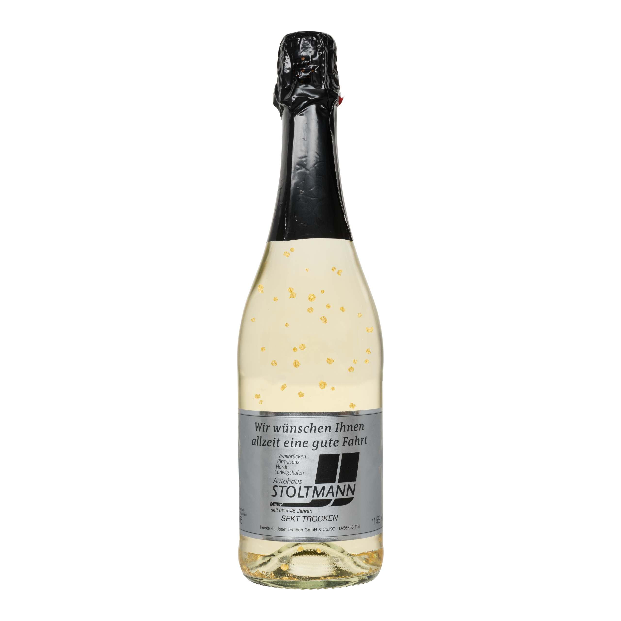 Sekt Gold 75 cl met zichtbaar bladgoud, zwart kapsel en zilverkleurig etiket