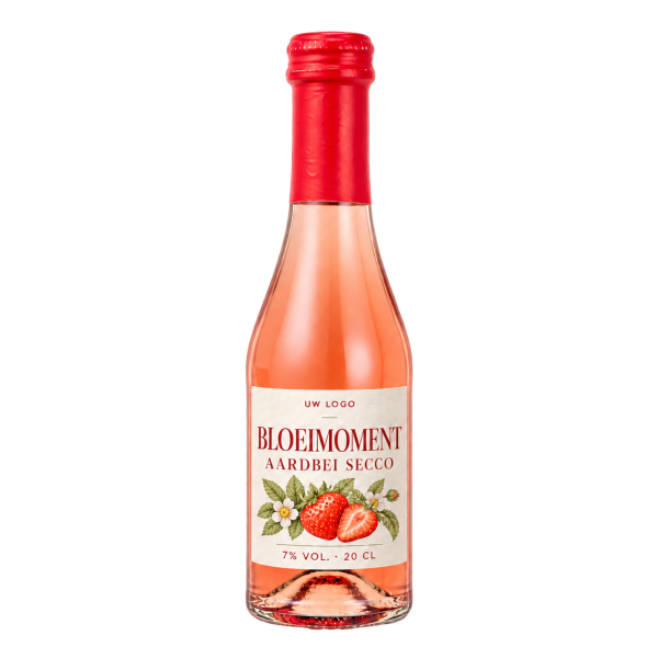 Erdbeer Secco 20 cl met eigen voorbeeldetiket Bloeimoment, 7% alcohol